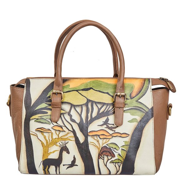 Hand Painted Leather Brown Top Handle Satchel, Shoulder Tote Bag, Crossbody Bag - Picture 4 of 9